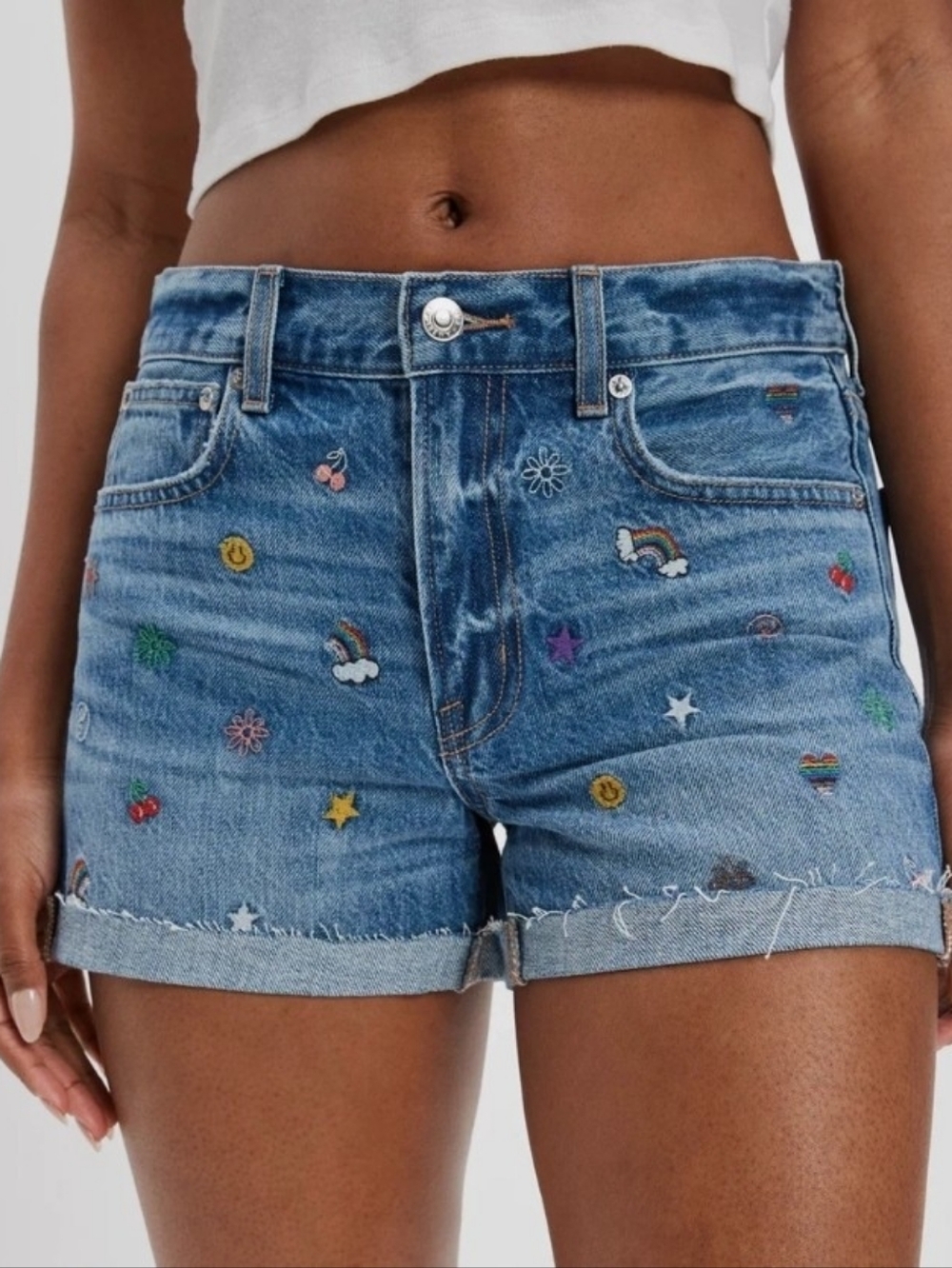 American Eagle Outfitters Blue Embroidered Denim Shorts
